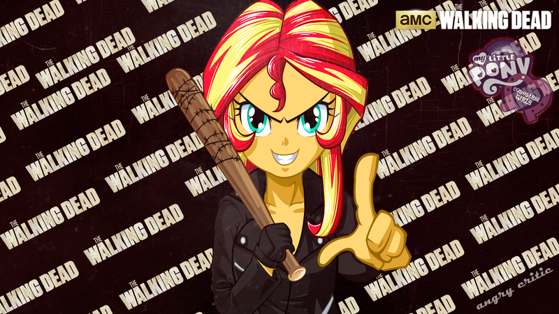 Size: 2560x1440 | Tagged: safe, artist:ngrycritic, derpibooru import, sunset shimmer, equestria girls, baseball bat, crossover, grin, looking at you, lucille, negan, negan shimmer, smiling, solo, style emulation, the walking dead, uotapo-ish