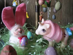 Size: 700x525 | Tagged: safe, artist:sound-of-heaven, derpibooru import, baby moondancer, pony, rabbit, baby, baby pony, bird house, easter, easter bunny, easter egg, g1, irl, photo, solo, toy