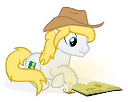 Size: 6667x5333 | Tagged: safe, artist:besttubahorse, derpibooru import, oc, oc:hickory switch, unofficial characters only, earth pony, pony, absurd resolution, blonde mane, blue eyes, book, candle, clothes, cowboy hat, cutie mark, hat, lying down, male, reading, show accurate, simple background, solo, stetson, transparent background, vector, white pony