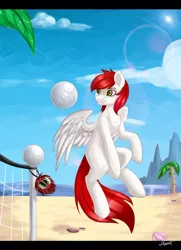Size: 696x960 | Tagged: safe, artist:the---sound, derpibooru import, oc, unofficial characters only, pegasus, pony, ball, beach, solo, volleyball, volleyball net