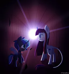 Size: 1024x1088 | Tagged: safe, artist:riouku, derpibooru import, oc, unofficial characters only, changeling, pony, changeling oc, clothes, colored pupils, crepuscular rays, duo, female, hallway, mare, scarf