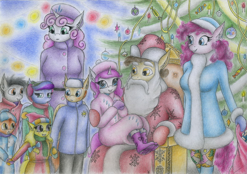 Size: 2329x1641 | Tagged: anthro, anthro oc, artist:sinaherib, cheese sandwich, christmas tree, clothes, coat, costume, cute, derpibooru import, hat, next generation, oc, oc:amber earring, oc:rainfall, oc:snow blossom, oc:summer wind, oc:sunstone, offspring, older, parent:big macintosh, parent:cheese sandwich, parent:fluttershy, parent:pinkie pie, parent:rainbow dash, parents:cheesepie, parents:fluttermac, parent:soarin', parents:soarindash, pinkie pie, safe, santa claus, santa costume, sitting, smiling, sweetie belle, traditional art, tree, winter outfit