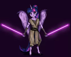 Size: 2000x1600 | Tagged: alicorn, anthro, artist:shimazun, clothes, derpibooru import, disney, dual wield, jedi, lightsaber, lucasfilm, safe, solo, star wars, twilight sparkle, twilight sparkle (alicorn), unguligrade anthro, weapon