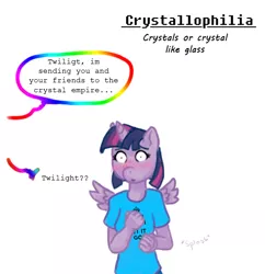 Size: 540x558 | Tagged: alicorn, anthro, artist:sehad, big book of fetishes, clothes, crystal empire, dead source, derpibooru import, dialogue, educational, fetish, keep calm, let it go, offscreen character, shirt, shrunken pupils, simple, simple background, solo, spread wings, suggestive, t-shirt, twilight sparkle, twilight sparkle (alicorn), white background, wingboner