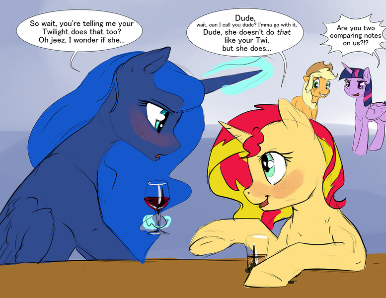 Size: 1280x989 | Tagged: safe, artist:silfoe, derpibooru import, applejack, princess luna, sci-twi, sunset shimmer, twilight sparkle, twilight sparkle (alicorn), alicorn, earth pony, pony, unicorn, royal sketchbook, alcohol, cowboy hat, dialogue, drink, drunk, drunk luna, drunker shimmer, female, friends, glass, glowing horn, hat, lesbian, looking at each other, magic, scitwishimmer, shipping, simple background, smiling, stetson, sunsetsparkle, wine