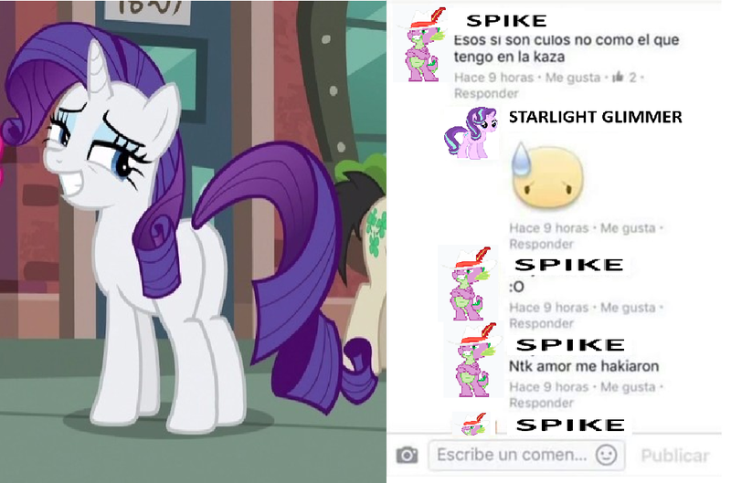 Size: 1012x669 | Tagged: 1000 hours in ms paint, butt, derpibooru import, dialogue, dragon, facebook, ms paint, plot, rarity, rearity, spanish, spike, starlight glimmer, suggestive, vulgar