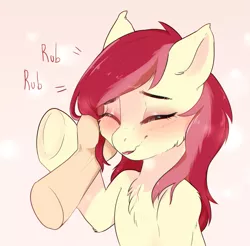 Size: 1225x1205 | Tagged: safe, artist:dagmell, derpibooru import, roseluck, earth pony, human, pony, blushing, cheek fluff, chest fluff, cuddling, disembodied hand, ear fluff, eyes closed, fluffy, human on pony snuggling, offscreen character, petting, rubbing, shoulder fluff, snuggling, solo focus, underhoof