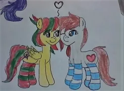 Size: 587x432 | Tagged: artist:kenos, attypone, clothes, derpibooru import, female, femboy, heart, male, oc, oc:attraction, oc:ponepony, safe, shipping, socks, straight, striped socks, traditional art, trap, unofficial characters only