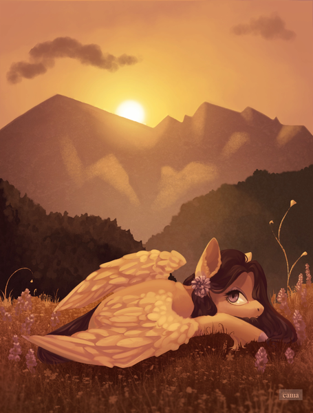 Size: 1850x2439 | Tagged: safe, artist:domidelance, derpibooru import, oc, unofficial characters only, pegasus, pony, flower, flower in hair, looking at you, mountain, scenery, solo, sunset