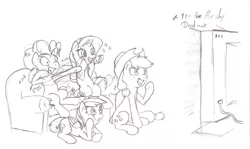 Size: 1996x1186 | Tagged: artist needed, source needed, safe, derpibooru import, applejack, pinkie pie, rainbow dash, rarity, earth pony, pegasus, pony, unicorn, couch, hokuto no ken, pencil drawing, sketch, television, traditional art