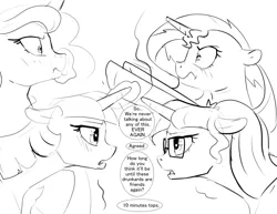 Size: 1280x989 | Tagged: safe, artist:silfoe, derpibooru import, princess luna, sci-twi, sunset shimmer, twilight sparkle, twilight sparkle (alicorn), ponified, alicorn, pony, unicorn, royal sketchbook, dialogue, drunk, drunk luna, drunk twilight, female, glasses, glowing horn, grayscale, lesbian, magic, monochrome, scitwishimmer, shipping, simple background, sketch, sunsetsparkle, twiluna, twolight, white background