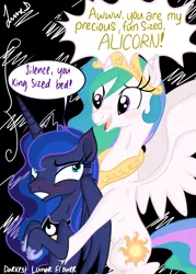Size: 3445x4823 | Tagged: safe, artist:darkest-lunar-flower, derpibooru import, princess celestia, princess luna, alicorn, pony, absurd resolution, big sislestia, bipedal, blushing, celestia is amused, cuddling, cute, embarrassed, frown, glare, gritted teeth, holding a pony, hug, insult, luna is not amused, open mouth, sisterly love, size difference, smiling, snuggling, spread wings, varying degrees of amusement