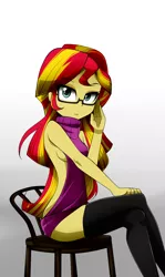 Size: 1014x1700 | Tagged: suggestive, artist:nekojackun, derpibooru import, sunset shimmer, equestria girls, adorasexy, backless, breasts, chair, clothes, cute, female, glasses, looking at you, open-back sweater, sexy, sideboob, simple background, sitting, sleeveless, sleeveless sweater, solo, solo female, stockings, stupid sexy sunset shimmer, sweater, thigh highs, virgin killer sweater