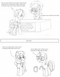 Size: 1200x1534 | Tagged: safe, artist:dsb71013, derpibooru import, oc, oc:amber spark, oc:brisk iron, oc:rhapsody, unofficial characters only, pegasus, pony, unicorn, clothes, comic, glasses, levitation, magic, monochrome, socks, telekinesis