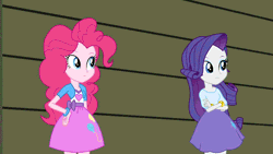 Size: 800x450 | Tagged: safe, derpibooru import, edit, edited screencap, editor:paragonaj, screencap, pinkie pie, rarity, equestria girls, animated, balloon, bracelet, clothes, exploitable meme, eye contact, frown, gif, grin, head tilt, holding, jewelry, looking at each other, meme, poster, reaction image, skirt, smiling, wide eyes