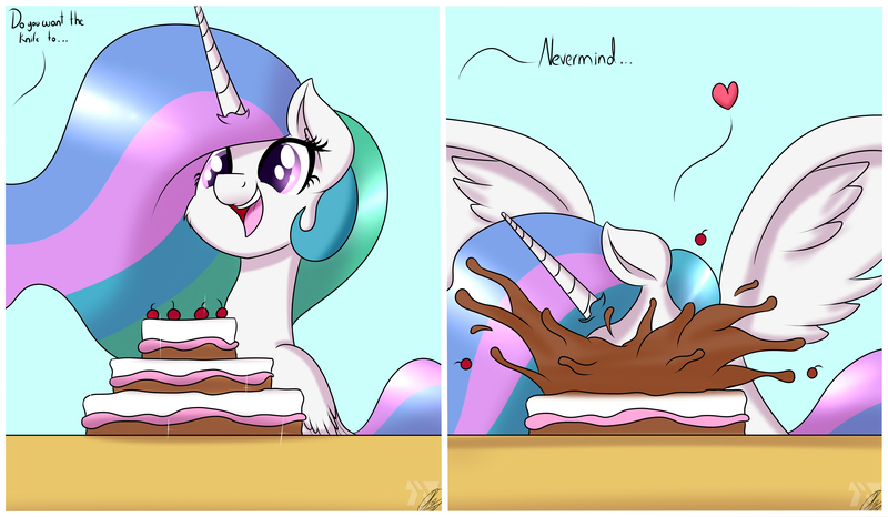 Size: 4120x2401 | Tagged: safe, artist:nexcoyotlgt, derpibooru import, princess celestia, alicorn, pony, absurd resolution, cake, cakelestia, cheek fluff, comic, cute, cutelestia, eating, eyes on the prize, faceplant, fluffy, food, happy, heart, majestic as fuck, messy eating, nom, offscreen character, open mouth, sillestia, silly, smiling, solo, spread wings