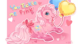 Size: 1114x632 | Tagged: safe, artist:conphettey, artist:conphetty, derpibooru import, pinkie pie (g3), earth pony, pony, g3, balloon, bedroom eyes, bow, butt, colors! 3d, cute, female, gradient legs, heart, holiday, image, lying down, mare, mouth hold, pink background, plot, png, prone, sexy, simple background, solo, tail, tail bow, text, toy interpretation, valentine's day