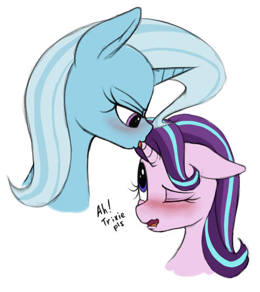 Size: 597x668 | Tagged: suggestive, artist:anearbyanimal, derpibooru import, starlight glimmer, trixie, pony, unicorn, blushing, dialogue, female, females only, hornjob, lesbian, mare, one eye closed, shipping, simple background, startrix, tongue out, white background