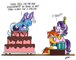 Size: 3015x2387 | Tagged: safe, artist:bobthedalek, derpibooru import, starlight glimmer, sunburst, trixie, pony, unicorn, angry, birthday, bunny ears, bunny suit, cake, clothes, costume, covering, covering eyes, dialogue, eyes closed, fishnets, food, frown, funny, glare, inconvenient trixie, leaning, leotard, messy mane, misunderstanding, open mouth, pantyhose, playcolt, pop out cake, present, scarf, simple background, sitting, starlight is not amused, trio, unamused, white background