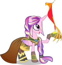 Size: 9000x9417 | Tagged: safe, artist:limedazzle, derpibooru import, philomena, princess cadance, phoenix, pony, absurd resolution, alternate hairstyle, cape, clothes, open mouth, raised hoof, simple background, transparent background, vector, zigs