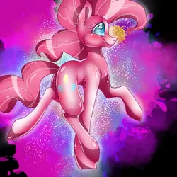 Size: 768x768 | Tagged: safe, artist:xharmany18, derpibooru import, pinkie pie, earth pony, pony, abstract background, blushing, solo, walking