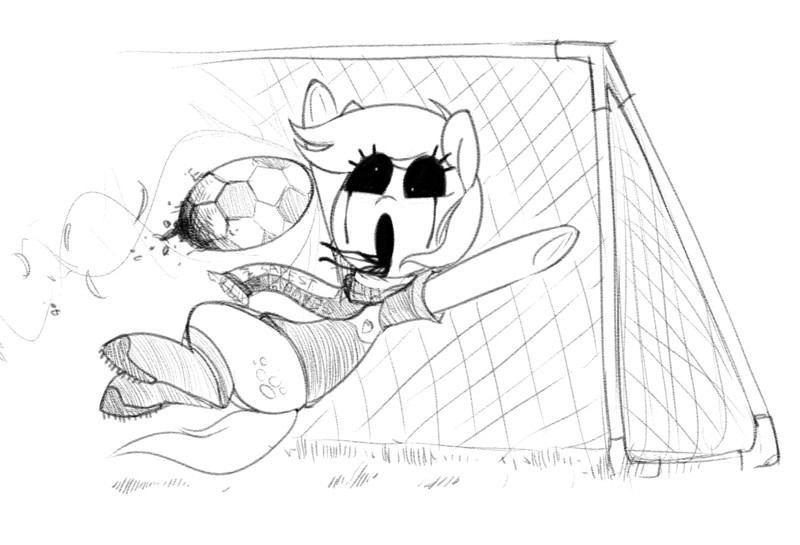 Size: 1231x838 | Tagged: semi-grimdark, artist:whydomenhavenipples, derpibooru import, edit, derpy hooves, pegasus, pony, 4chan cup, 4chan cup scarf, clothes, creepypasta, female, football, goalkeeper, mare, monochrome, safest hooves, scarf, solo, this will end in pain, zalgo, zalgo edit