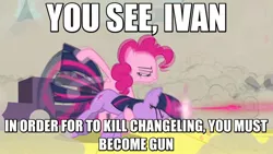 Size: 1280x720 | Tagged: safe, derpibooru import, edit, edited screencap, screencap, pinkie pie, twilight sparkle, earth pony, pony, unicorn, a canterlot wedding, behaving like a weapon, broken english, female, image macro, mare, meme, s.t.a.l.k.e.r., twigun, unicorn twilight, you see ivan