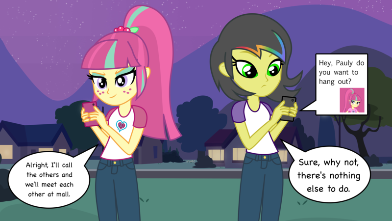 Size: 5760x3240 | Tagged: safe, artist:razethebeast, derpibooru import, sour sweet, oc, oc:pauly sentry, equestria girls, friendship games, absurd resolution, clothes, dialogue, duo, duo female, equestria girls-ified, female, freckles, gift art, mobile phone, pants, phone, shirt, speech bubble, texting