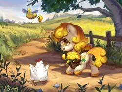 Size: 800x600 | Tagged: safe, artist:catmag, derpibooru import, oc, oc:dandy, unofficial characters only, bird, chicken, earth pony, pony, anus, blushing, butt, chibi, female, filly, flower, image, jpeg, nudity, path, plant, plot, simplistic anus, tree