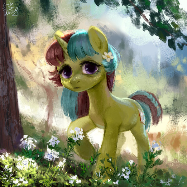 Size: 800x800 | Tagged: safe, artist:catmag, derpibooru import, oc, oc:mallow, unofficial characters only, pony, unicorn, female, flower, flower in hair, forest, mare, raised hoof, solo, tree