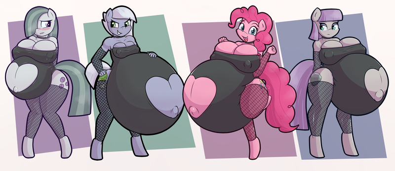 Size: 4246x1834 | Tagged: absurd resolution, anthro, areola outline, artist:funble, belly, belly button, big belly, big breasts, blushing, breasts, busty limestone pie, busty marble pie, busty maud pie, busty pie sisters, busty pinkie pie, choker, cleavage, clothes, derpibooru import, evening gloves, female, females only, fingerless gloves, fishnets, gloves, huge breasts, hyper, hyper pregnancy, impossibly large belly, leotard, limestone pie, long gloves, looking at you, marble pie, maud pie, navel cutout, nipple outline, nipples, nudity, outie belly button, pie sisters, pinkie pie, preggy pie, pregnant, pregnant limestone, questionable, unguligrade anthro