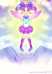 Size: 1488x2105 | Tagged: artist:kateychazuu, chibi moon, chibi-usa, chibiusa tsukino, clothes, cosplay, costume, cute, derpibooru import, flurrybetes, high heels, horned humanization, human, humanized, looking at you, magical girl, pigtails, pleated skirt, princess flurry heart, safe, sailor moon, shoes, skirt, socks, solo, winged humanization, wings