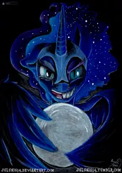 Size: 1638x2323 | Tagged: artist:julunis14, crying, derpibooru import, looking at you, moon, nightmare moon, open mouth, princess luna, safe, simple background, solo, tangible heavenly object, traditional art