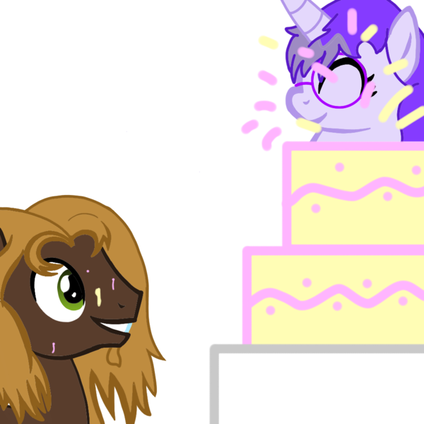 Size: 1000x1000 | Tagged: safe, artist:toyminator900, derpibooru import, oc, oc:glass sight, oc:mellow rhythm, unofficial characters only, pegasus, pony, unicorn, birthday, cake, cute, food, glasses, melsight, popping, shipping, simple background, stain, transparent background
