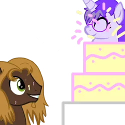 Size: 1000x1000 | Tagged: safe, artist:toyminator900, derpibooru import, oc, oc:glass sight, oc:mellow rhythm, unofficial characters only, pegasus, pony, unicorn, birthday, cake, cute, food, glasses, melsight, popping, shipping, simple background, stain, transparent background