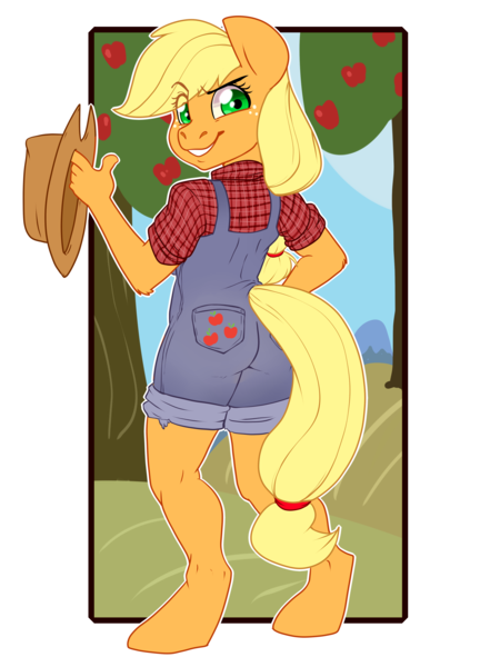 Size: 3000x4000 | Tagged: safe, artist:annakitsun3, derpibooru import, applejack, anthro, unguligrade anthro, apple tree, clothes, dungarees, looking back, overalls, shirt, smiling, solo