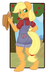 Size: 3000x4000 | Tagged: safe, artist:annakitsun3, derpibooru import, applejack, anthro, unguligrade anthro, apple tree, clothes, dungarees, looking back, overalls, shirt, smiling, solo