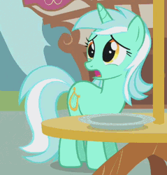 Size: 441x461 | Tagged: safe, derpibooru import, edit, edited screencap, screencap, lyra heartstrings, pony, unicorn, swarm of the century, animated, cropped, crying, cute, female, floppy ears, gif, looking back, lyrabetes, mare, reversed, sad, sadorable, solo, standing, table, wavy mouth