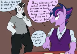 Size: 1000x700 | Tagged: safe, artist:goat train, deleted from derpibooru, derpibooru import, twilight sparkle, oc, oc:hot rod, anthro, unicorn, alternate hairstyle, anthro oc, clothes, colored sketch, commission, dialogue, duo, looking back, open mouth, pants, punklight sparkle, shirt, simple background, smiling, speech bubble, vest