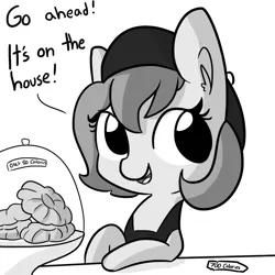 Size: 1080x1080 | Tagged: safe, artist:tjpones, derpibooru import, oc, oc:bathilda the barista, unofficial characters only, earth pony, pony, horse wife, barista, beret, blatant lies, calorie, dialogue, food, grayscale, monochrome, pure unfiltered evil, simple background, solo, white background