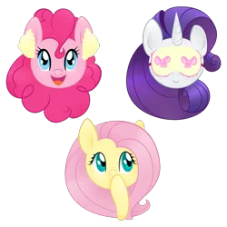 Size: 2000x2000 | Tagged: safe, artist:orcakisses, derpibooru import, fluttershy, pinkie pie, rarity, earth pony, pegasus, pony, unicorn, covering mouth, ear plugs, hear no evil, see no evil, simple background, sleep mask, speak no evil, three wise monkeys, transparent background