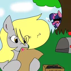 Size: 1024x1024 | Tagged: safe, artist:cubbybatdoodles, derpibooru import, derpy hooves, twilight sparkle, pegasus, pony, unicorn, blushing, female, heart, lesbian, love letter, question mark, shipping, twerpy