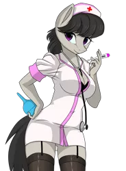 Size: 1261x1717 | Tagged: suggestive, artist:up1ter, derpibooru import, octavia melody, anthro, earth pony, adorasexy, bra, breasts, bulb syringe, busty octavia, clothes, cute, female, garters, helloooooo nurse, legwear, looking at you, nurse, nurse outfit, purple eyes, sexy, simple background, smiling, solo, solo female, stethoscope, stockings, stupid sexy octavia, thermometer, thigh highs, transparent background, underass, zettai ryouiki