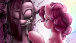 Size: 3000x1700 | Tagged: safe, artist:phuocthiencreation, derpibooru import, pinkie pie, earth pony, pony, angry, cracked, crying, depression, duality, duo, female, floppy ears, gritted teeth, hair over one eye, pinkamena diane pie, sad, signature, smiling