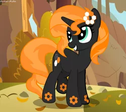 Size: 3744x3318 | Tagged: safe, artist:asika-aida, derpibooru import, oc, oc:carbon 6, ponified, unofficial characters only, object pony, original species, pony, unicorn, autumn, element pony, female, forest, leaf, looking back, mare, recolor, request, sign, smiling, solo