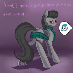 Size: 1280x1280 | Tagged: suggestive, artist:vell221, derpibooru import, octavia melody, vinyl scratch, earth pony, pony, unicorn, backless, blood, blushing, clothes, female, lesbian, nosebleed, open-back sweater, plot, scratchtavia, shipping, sleeveless sweater, sweater, virgin killer sweater