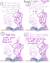 Size: 1280x1611 | Tagged: safe, artist:adorkabletwilightandfriends, derpibooru import, spike, twilight sparkle, twilight sparkle (alicorn), alicorn, dragon, pony, comic:adorkable twilight and friends, adorkable twilight, book, comic, dialogue, eyes closed, faic, lidded eyes, lineart, looking back, magic, open mouth, photo album, pointing, potato salad, shrunken pupils, simple background, slice of life, smiling, squint, telekinesis, tree