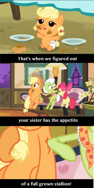 Size: 1014x2019 | Tagged: safe, derpibooru import, edit, edited screencap, screencap, apple bloom, applejack, granny smith, pony, apple family reunion, applefat, baby, baby pony, babyjack, chubby, comic, fat, foal, reality ensues, screencap comic