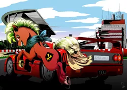 Size: 3507x2480 | Tagged: safe, artist:dormin-kanna, derpibooru import, oc, oc:appleseed, unofficial characters only, earth pony, pony, bandana, car, commission, ferrari, ferrari f40, looking back, male, open mouth, race track, rear view, smiling, solo, stallion, supercar, underhoof