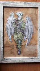 Size: 2592x4608 | Tagged: safe, artist:margothgalore, derpibooru import, greta, anthro, gryphon, absurd resolution, ak74, camouflage, clothes, female, gun, military, rifle, solo, traditional art, uniform, weapon